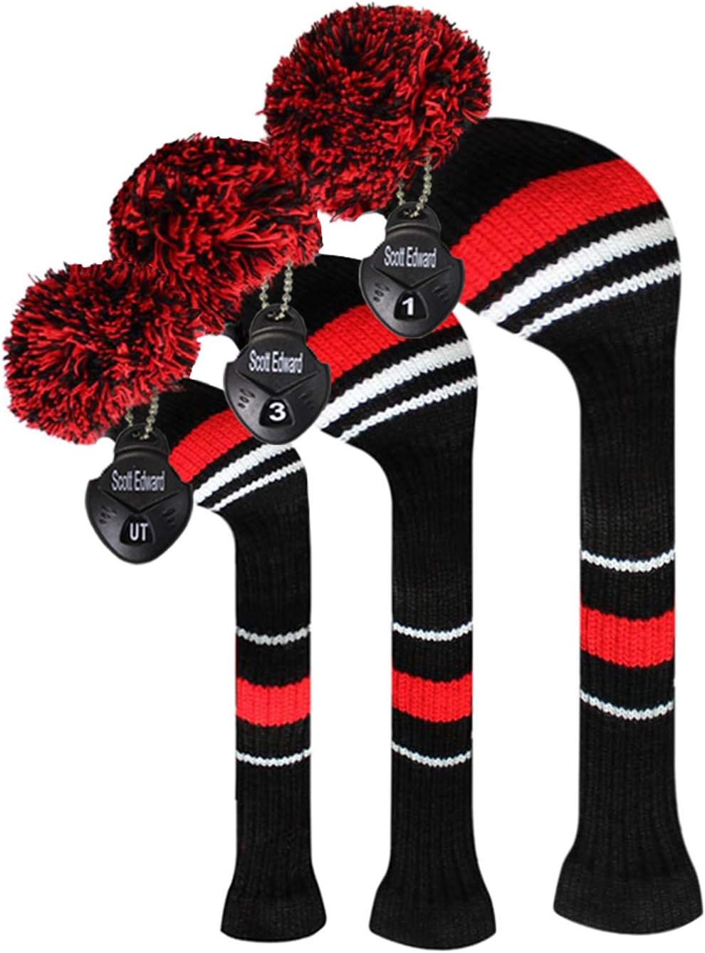 Scott Edward Knitted Golf Club Head Covers 3Pcs Driver Fairway Hybrid Red