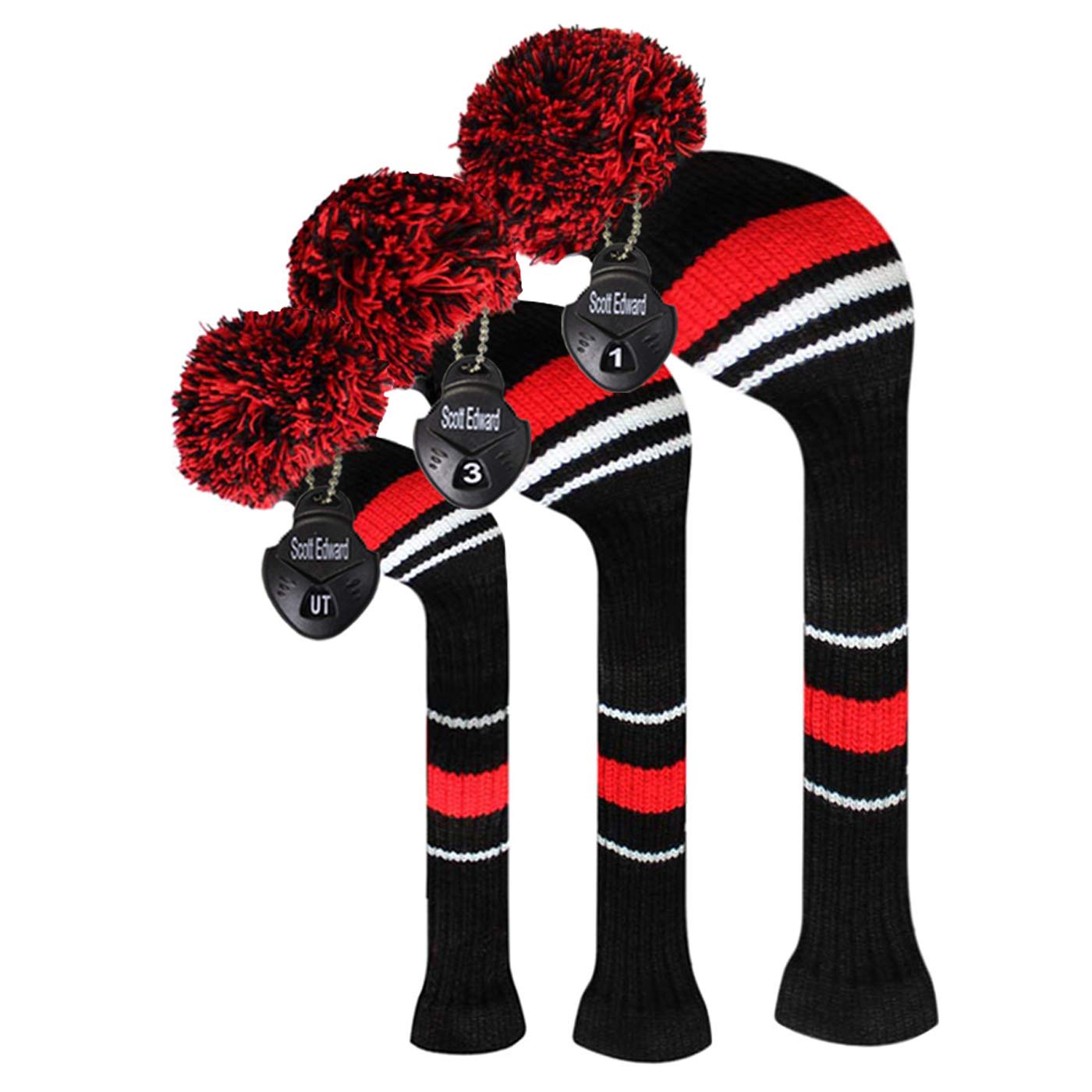 Scott Edward Knitted Golf Club Head Covers for Woods 3Pcs Set Golf Driver (460CC) Fairways and Hybrid/UT with Rotating Number Tags(Red Warning)