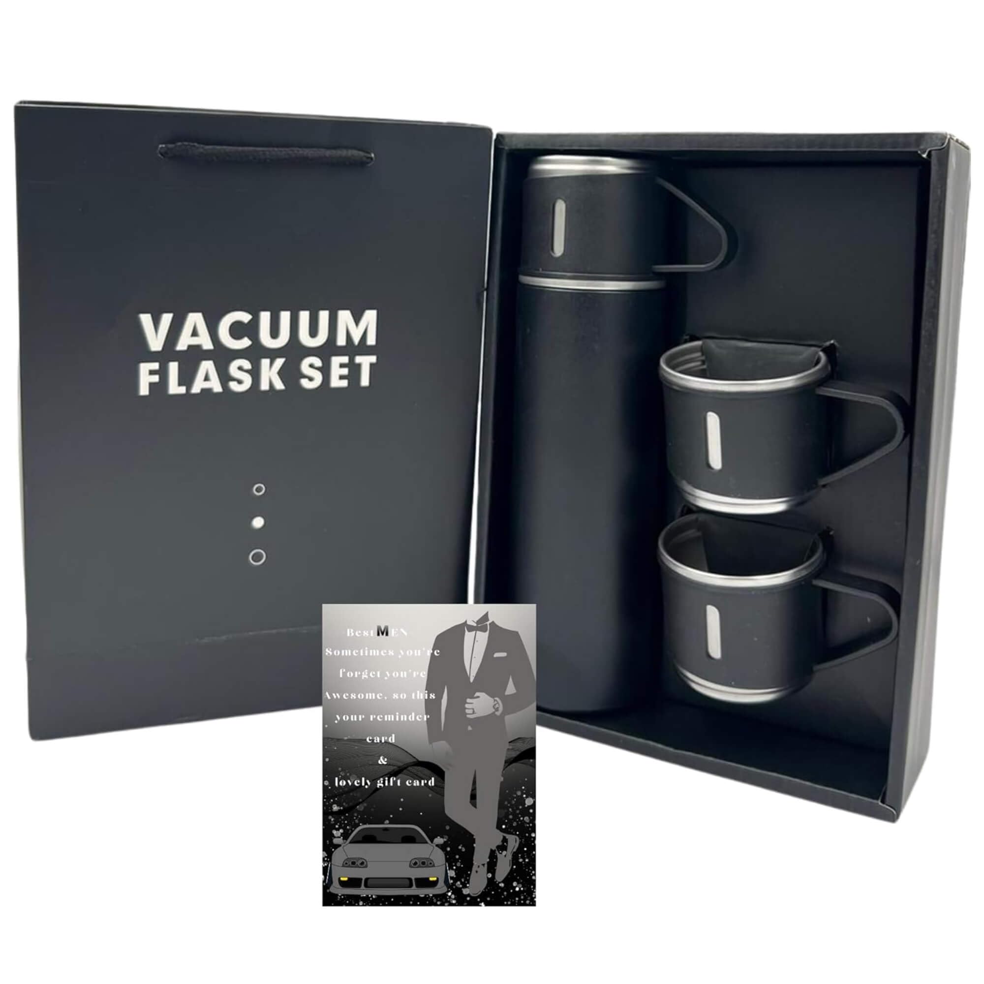 Mens Gift Set Vacuum Insulated Flask 500ml Stainless Steel Thermo Bottle With 2 Plastic Cups For Coffee Water Hot & Cold Drink Flasks With Men Black Cards - Gift Ideas For Men, Dad,Uncle,Father In Law