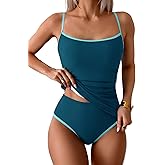 Eomenie Women's Tankini Swimsuits Two Piece Tummy Control Bathing Suit Color Block Slim Swimwear with High Waisted Bottom