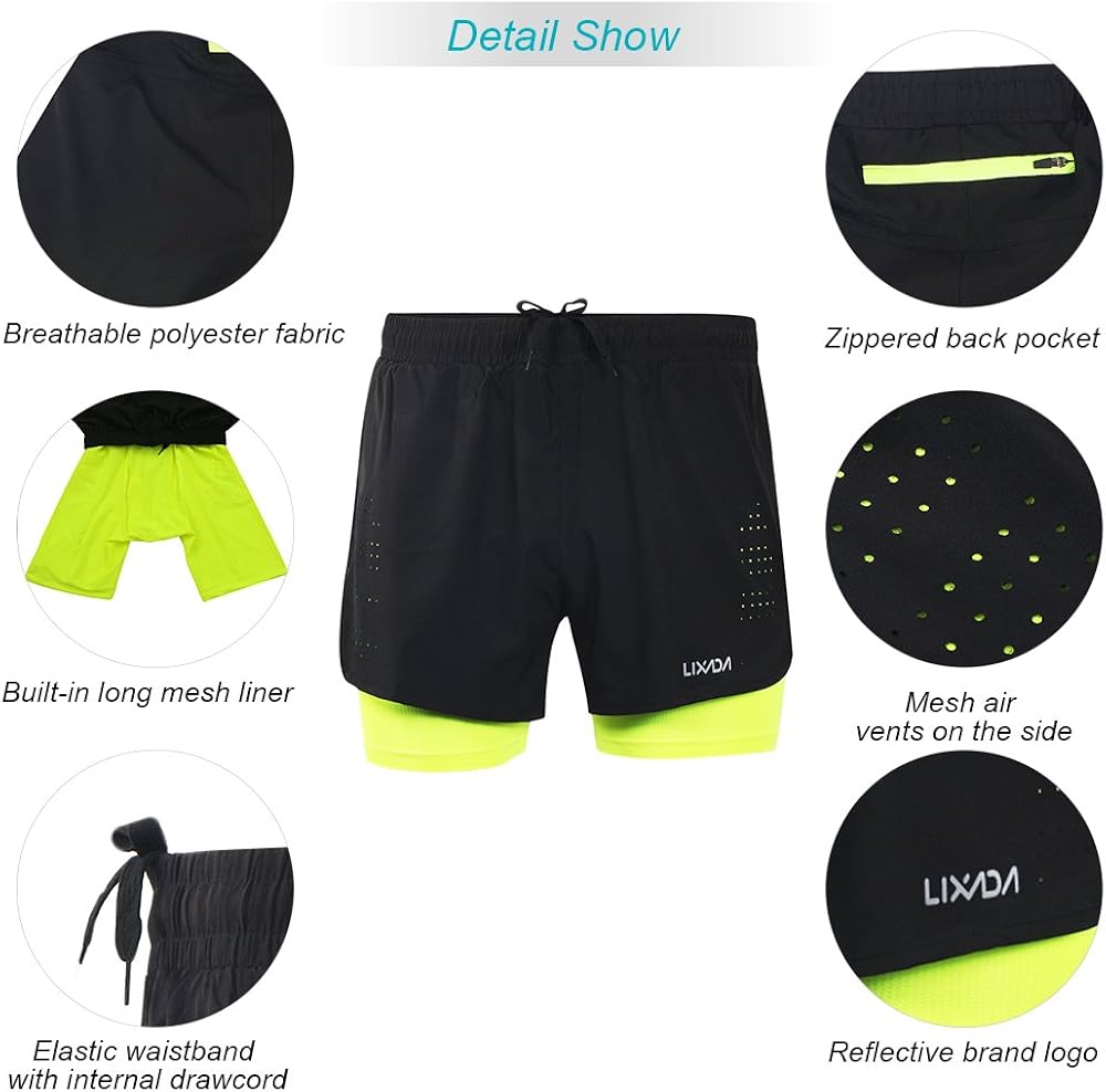 Lixada Men's 2-in-1 Running Shorts Quick Drying Breathable Active Training Exercise Jogging Cycling Shorts: Clothing