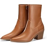 Coutgo Womens Pointed Toe Ankle Boots Chunky Stacked Heel Side Zipper Leather Fall Booties Shoes