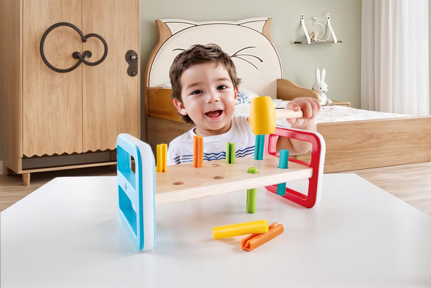Hape Rainbow Pounder| Pounding Bench Wooden Toy with Hammer, Multicolor