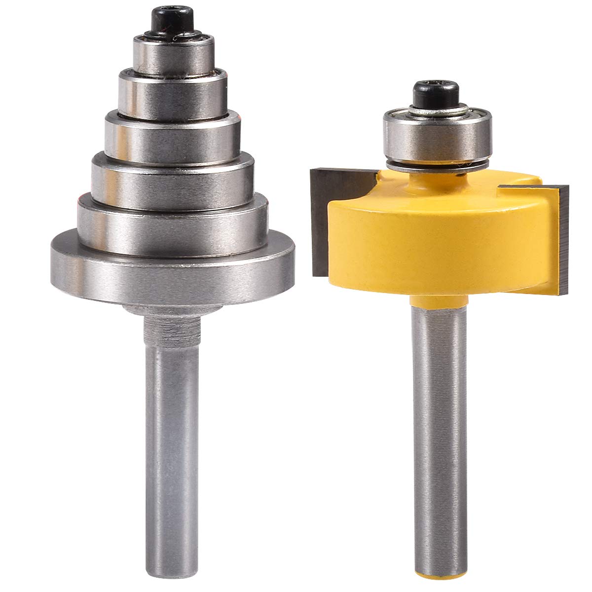 KATUR Rabbet Router Bit with 6 Size Interchangeable Bearing Set for Multiple Depths, Including 1/8", 1/4", 5/16", 3/8", 7/16", 1/2" Six Size (1/4"Shank)