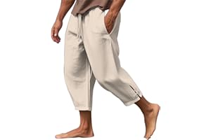 YSERB Mens Linen Yoga Pants Harem Capri 3/4 Shorts Sweatpants Jogger Pant Drawstring Elastic Waist Beach Boho Yoga Trousers