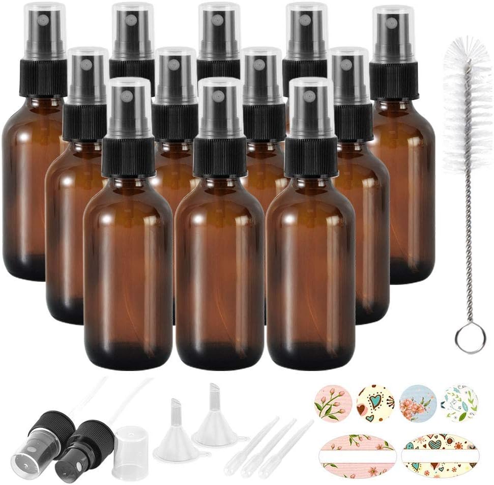 12 Pack 1oz 30 ml Amber Glass Spray Bottles with Fine Mist Sprayer & Dust Cap for Essential Oils, Perfumes,Cleaning Products.Included 1 Brush,2 Extra Sprayers,2 Funnels,3 Droppers & 24 Labels.