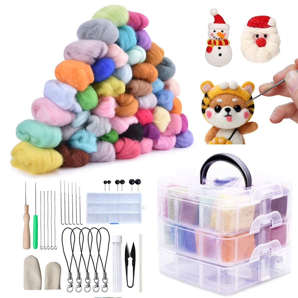 EUNEWR Needle Felting Kit 40 Colors Wool Roving Fibre Yarn and Needle Felting Starter Tool Set Wool Knitting Yarn Felting Fibre for Beginners Adults Felting Craft Project,DIY Crafts for Doll,Ornament