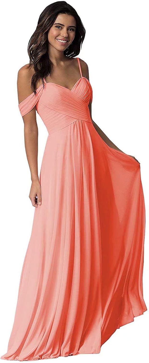 Pleated Bridesmaid Dresses Off The Shoulder Chiffon Long A Line Spaghetti Straps
