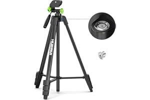 Huepar 60-Inch Lightweight Tripod Portable Adjustable Tripod for Laser Level with 3-Way Swivel Pan Head, 2 Bubble Levels, 1/4" and 5/8" Thread Mount for Varieties Tools, Only for Indoor Basic Work