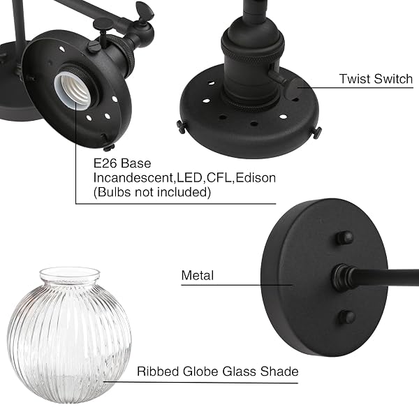 PERMO 2 LIGHTS SCONCE INDUSTRIAL WALL SCONCE LIGHTING WITH RIBBED GLOBE GLASS LAMPSHADE VINTAGE DOUBLE SCONCE HARDWIRED WALL SCONCE WITH SWITCH