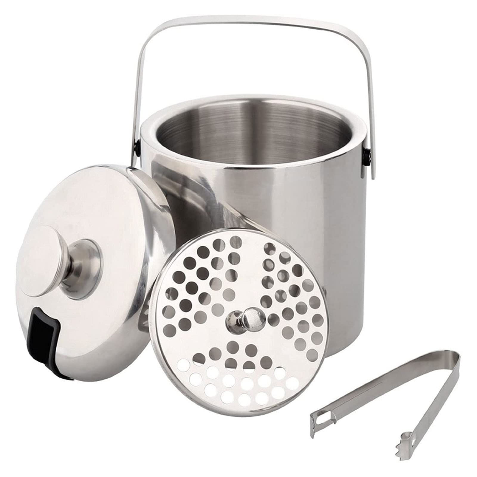 Solid Stainless Steel Ice Bucket for Cocktail bar, with Strainer Airtight Lid and Tongs, Well Made Insulated Stainless Steel Double Wall Keep Ice Frozen Longer, Portable and Mini (1.3L)