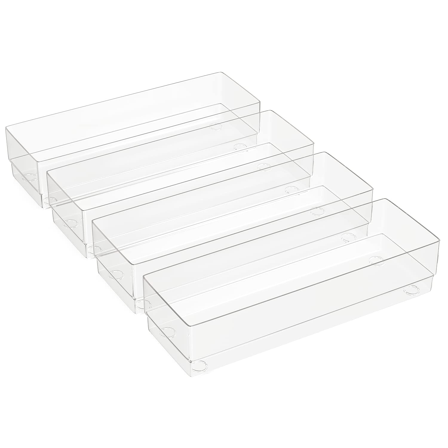 Gatton Design Desk Drawer Organiser Clear Plastic Trays | Set of 4 | Storage Organizer & Dividers | Organise Makeup, Toiletries & Stationary | Anti-Slip Feet & Stackable | (9x3x2in/22.9x7.6x5.1cm)