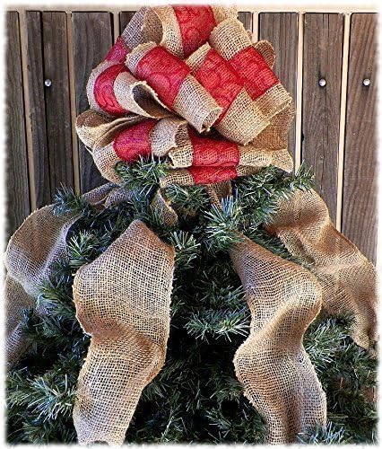 12 Inch Red Ribbon and Burlap Christmas Tree Topper with Burlap Streamers
