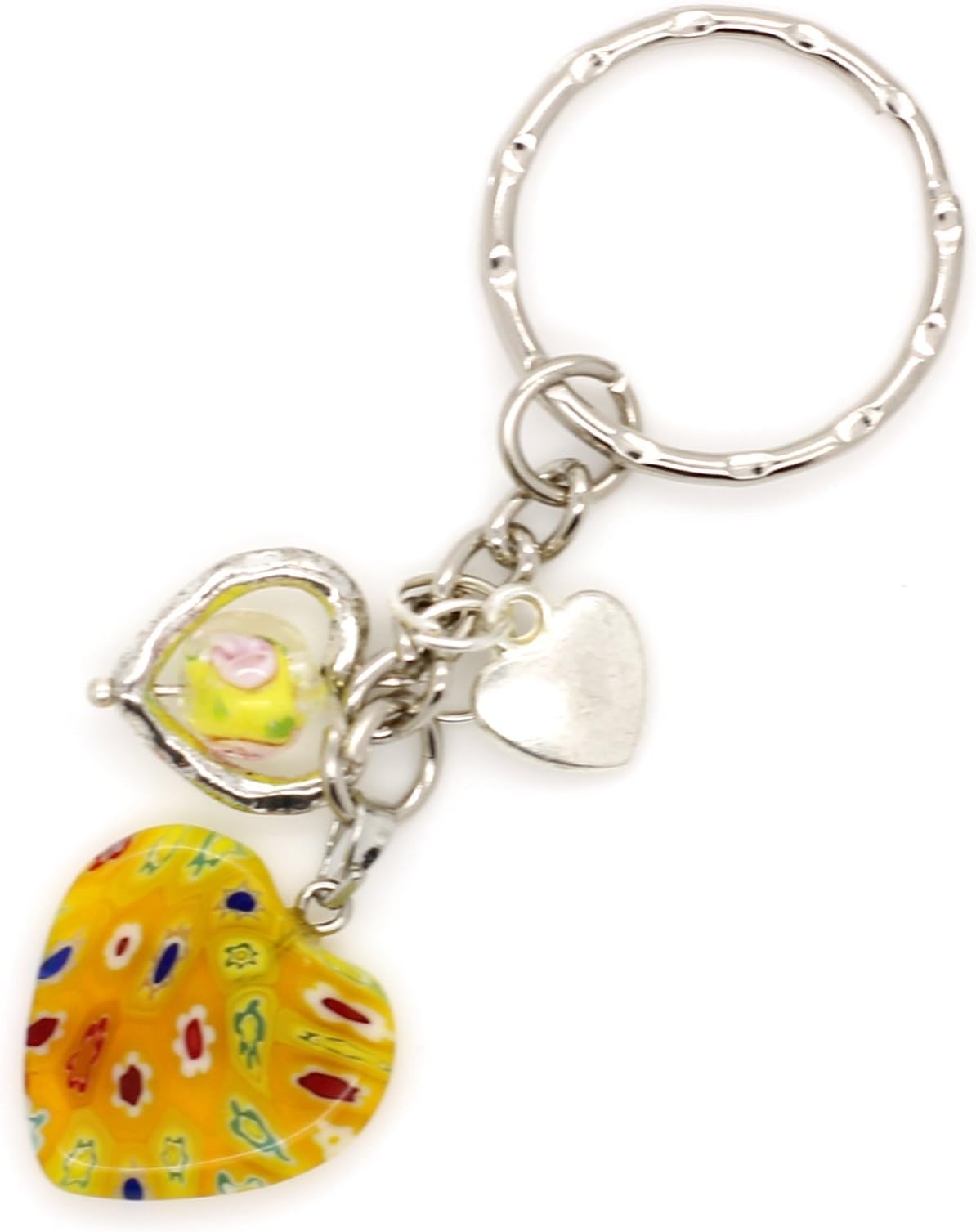 Silver Keyring With 20mm Millefiori Glass Heart & Bead Yellow
