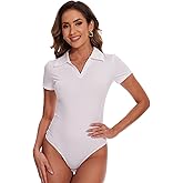 SHAPERIN Short Sleeve Bodysuit for Women V Neck Casual Collared Shirt Bodysuit Jumpsuit Leotard Top White M