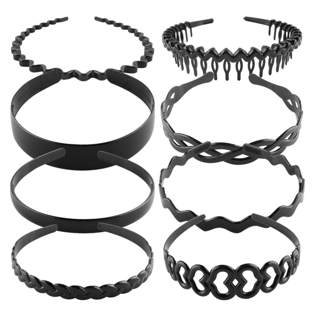 FRCOLOR Wavy Headband Plastic,Spring Hair Hoop Elastic Non Slip Headband Unisex Flexible Hairbands with Teeth for Men,Women,8pcs(Black)