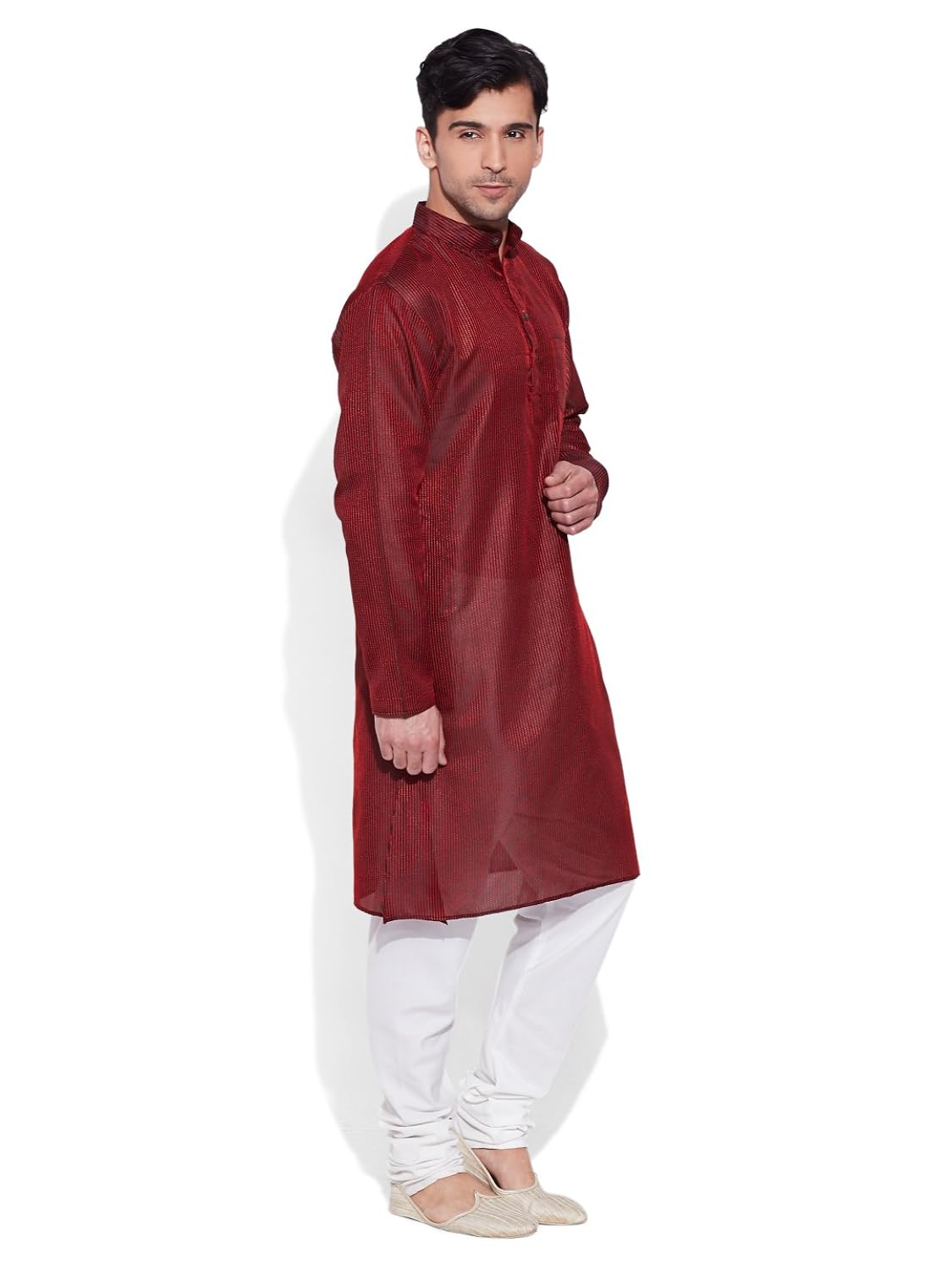 very me men's designer maroon faux silk textured long kurta