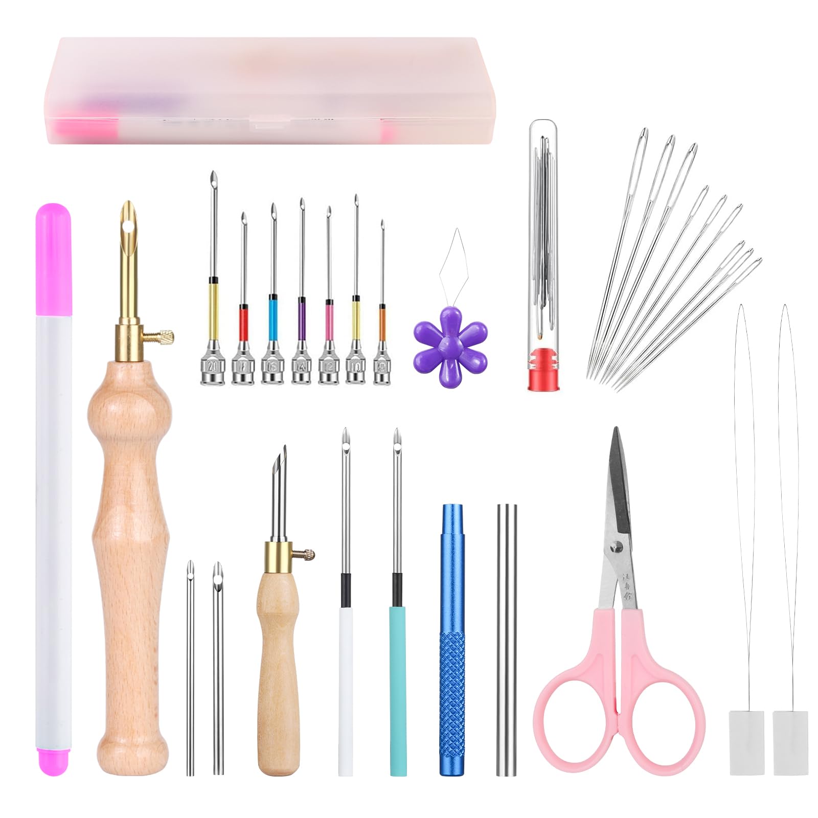 MSDADA 30 Pcs Punch Needle Kit, Adjustable Punch Needle Tool, Wooden Handle Embroidery Pen Kits, Hoops, Metal Handle with Various Size Needles for Adults Beginner, Perfect Decoration and Gifts