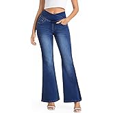VX VONXURY Pull On Flare Jeans for Women, Stretchy High Waisted Bootcut Jeans Crossover Bell Bottom Denim Pants
