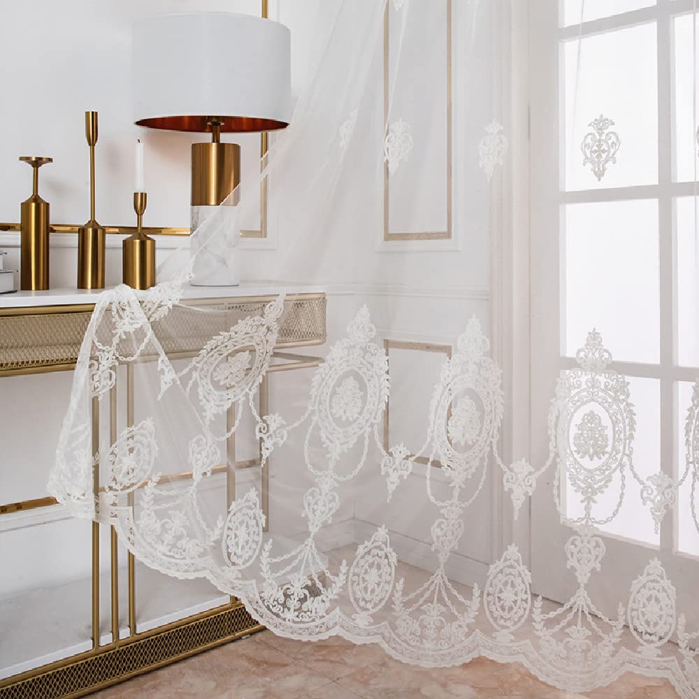 Photo 1 of Amidoudou 1 Pair European Embroidered White Gauze Lace Curtains for Bedroom Living Room Sheer Curtains (White,66x84 Inch)