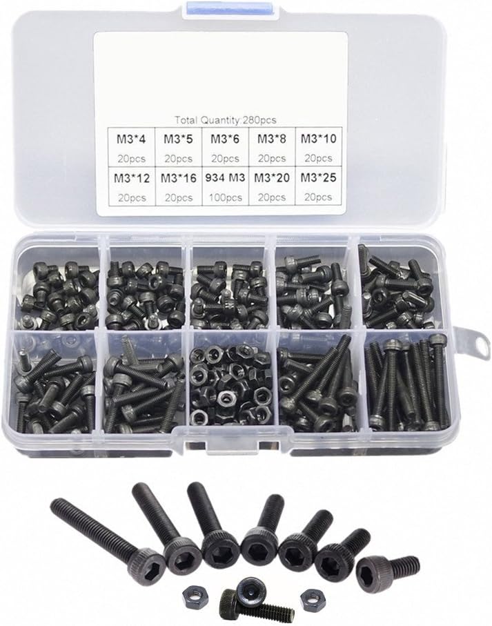 SWET [280-Piece] Metric M3 Screws Nuts Bolts Set Assortment Kit [Socket Head Cap Hex Bolts Screws Nut] [12.9 Grade Alloy Steel] [Black Oxide Finish] [Fully Threaded] [High Strength] with Storage Box