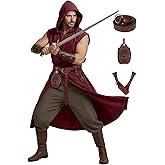 Dicxoser Renaissance Medieval Costume Set for Men - 4PC Viking Hooded Sleeveless Surcoat Halloween Cosplay Apparel