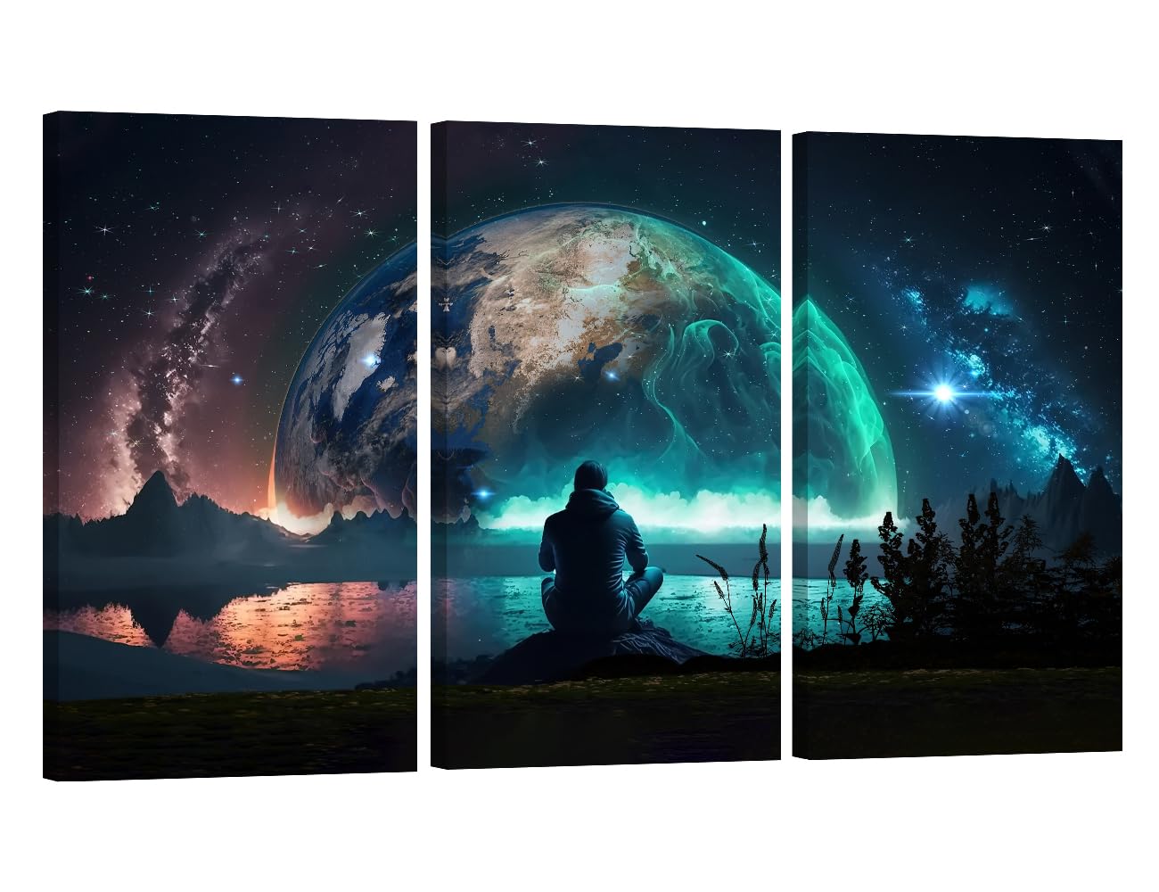 Photo 1 of *** ONLY MIDDLE PIECE*** LSIUHWUWI 3-Piece Modern Canvas Wall Art - Space Theme Night Sky Art Print for Bedroom, Living Room, Office - Rectangular Framed Artwork Ready to Hang 20x40 Inch Each Panel