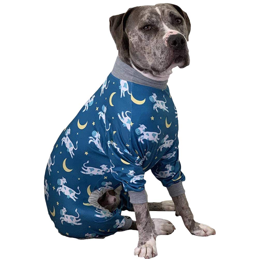 Tooth and Honey Pit Bull Pajamas/Cow Moon Star Print Dog Jumpsuit Onesie Full Coverage Lightweight Pullover Large Dog pjs