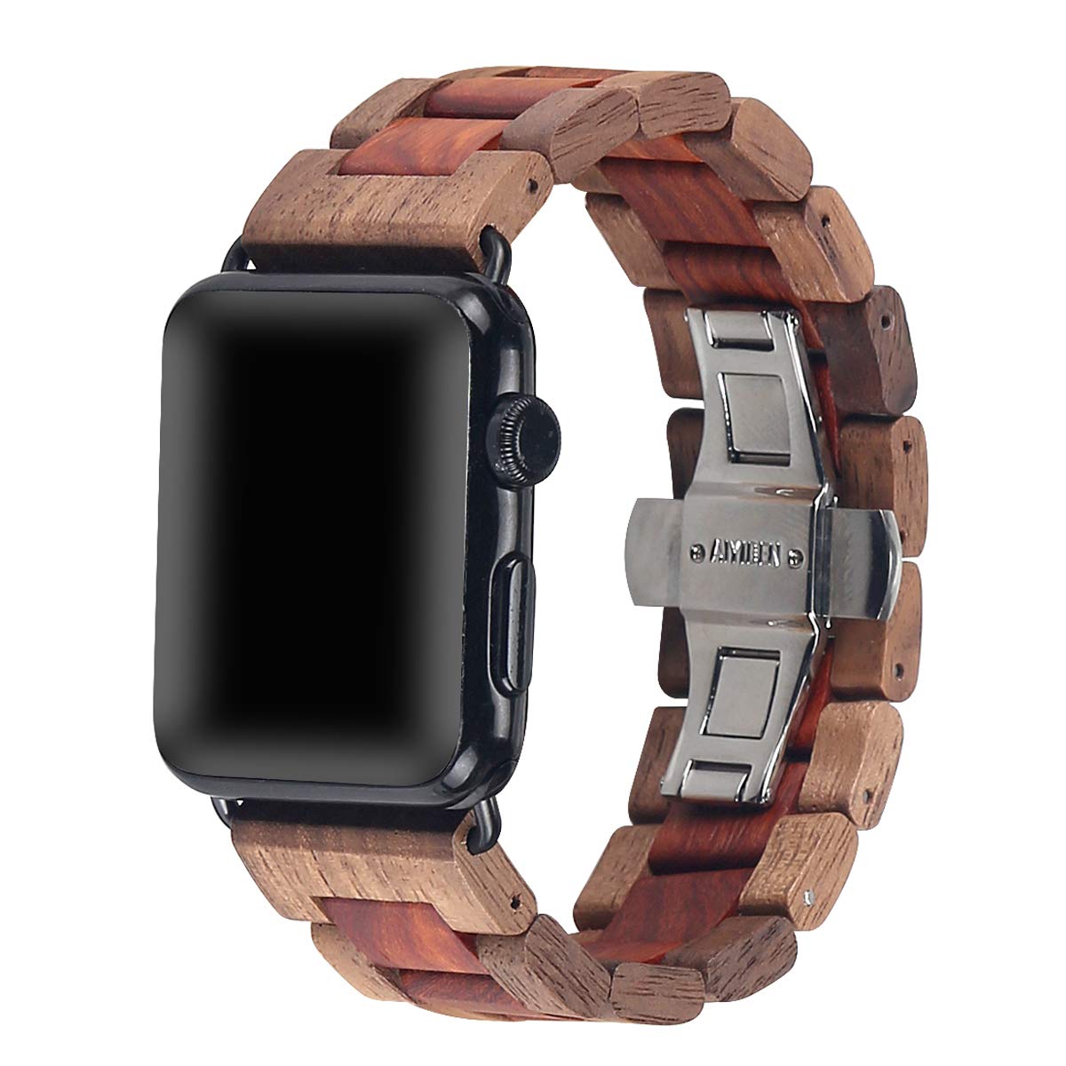 AIYIBEN Wooden Watch Strap Band 42mm/44mm/45mm with Stainless Steel Butterfly Buckle Compatible for iWatch Series 1 2 3 4 5 6 7(Walnut red Sandalwood)