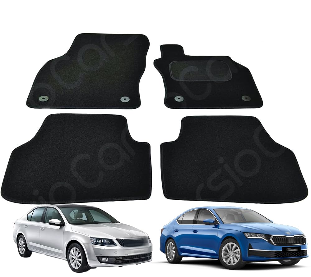 Carsio Carpet Car Mats For Skoda Octavia 2013 to 2020 4 Piece Set with 4 Clips (Carpet) Tailored Fit Floor Mat Complete Accessory Black Custom Fitted - All Weather, Anti-Slip Backing & Black Trim