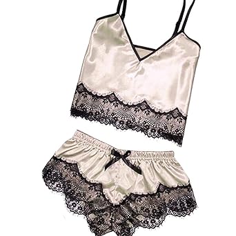 Tianya Damen Sexy Satin Pyjamas Lingerie Zweiteiliger Sling Spitzenbesatz Nachtwäsche Reizvolle Dessous Spitze Nachthemd Erot