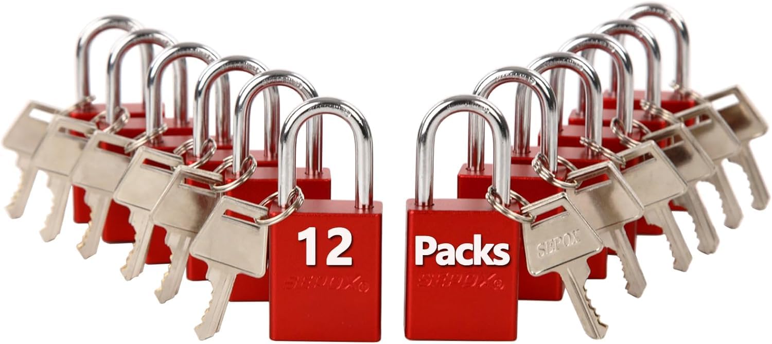 SEPOX Weatherproof Solid Aluminum Keyed Alike Padlock Industrial-Grade Red 12Pc Padlocks for Security Waterproof, Corrosion Resistant Safety for Lock-Out, Garden, Locker-Lock, Sheds, Cabinets, Doors