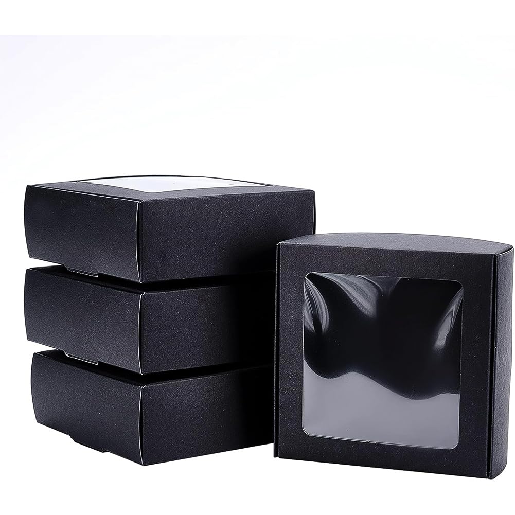BENECREAT 20 Pack Black Kraft Paper Boxes with Clear Window 9.5x9.5x3.5cm Gift Packaging Boxes for Bakery Cookies Cake Candy Wedding Party Favors