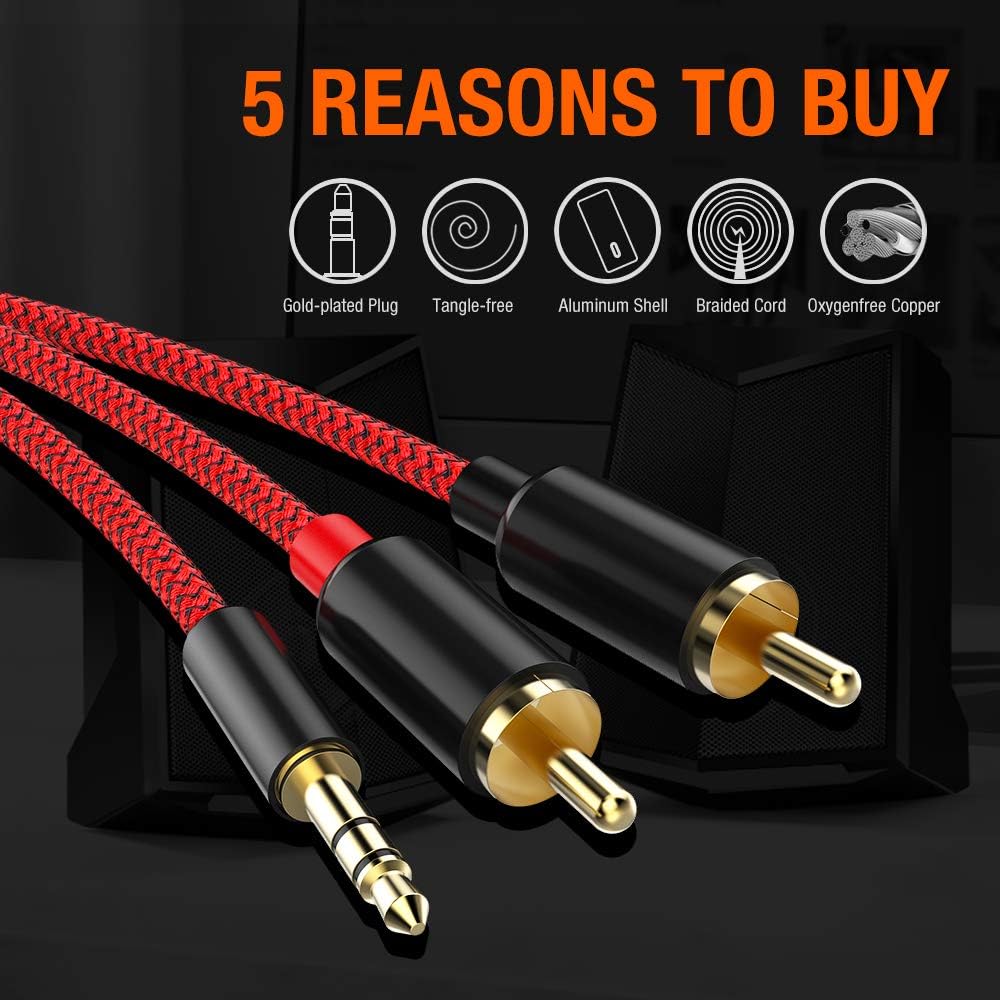 2 Pack RCA Cable, Oldboytech 3.5mm Male to 2RCA Adapter Audio Cable [6 Feet, Hi-Fi Sound] Nylon-Braided AUX Y Cord for Stereo Receiver Speaker Smartphone Tablet HDTV MP3 Player Echo Dot (Red): Industrial & Scientific