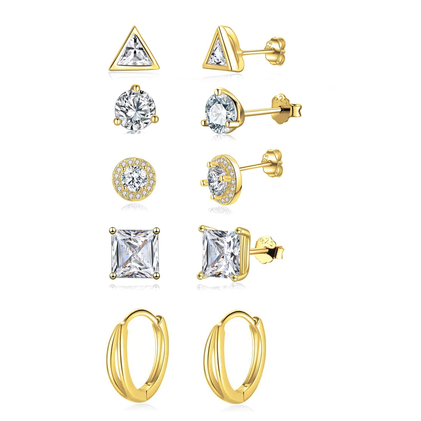 5 Pairs Stud Hoop Earrings for Women Girls 925 Sterling Silver Post Hoop Stud Earrings Set Small Cartilage Sleepers Earrings Cubic Zirconia Hypoallergenic Silver Earrings, Gold — image 1