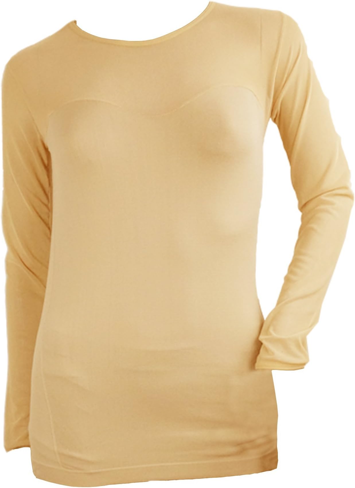 TANCO Seamless Sheer Long Sleeve Mesh Sweetheart Neckline Blouse Top Shirt (BEIGE)