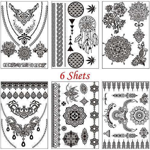 6 Sheets Henna Black Tattoo Stickers, Henna Body Paint Temporary Tattoos for Women Teens Girls Body Art Fake Tattoo Sticker