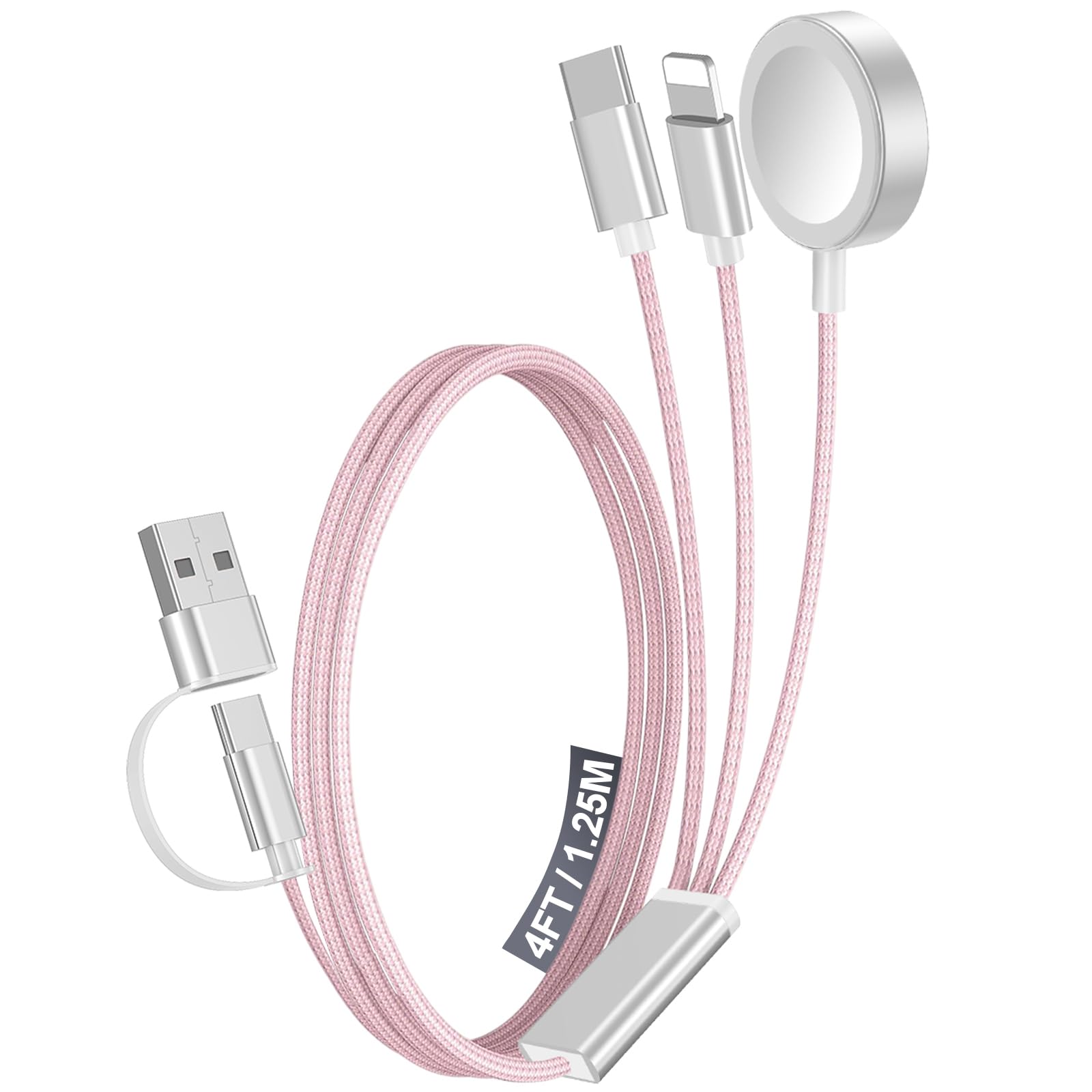 Photo 1 of 1Pack Multi Fast Charging Cable for Travel Vacation Essentials,Apple Watch Charger,iPhone Charger[3-in-2] USB A/Type C/Lightning Cable for iWatch,iPhone 16-11,Nintendo Switch,Airpods,Car,Camping-Pink