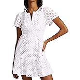 AEJENNIO Women Summer Short Sleeve Dress Hollow Out A Line V Neck Smocked Waist Ruffle Beach Mini Dresses