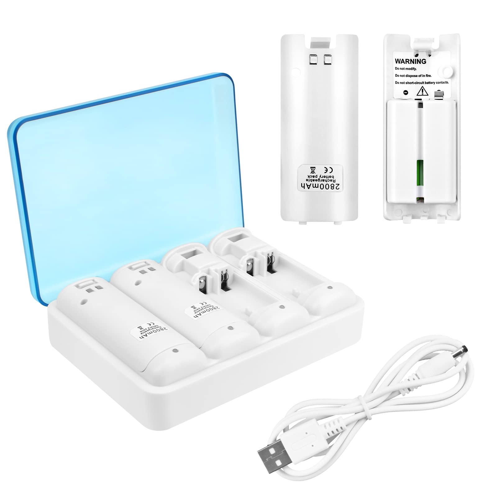 4-in-1 Charging Station for Wii U Remote Controller, 4 Pcs Rechargeable 2800 mAh Battery Packs with USB Cable Compatible for Wii U Remote Game Controller (White)