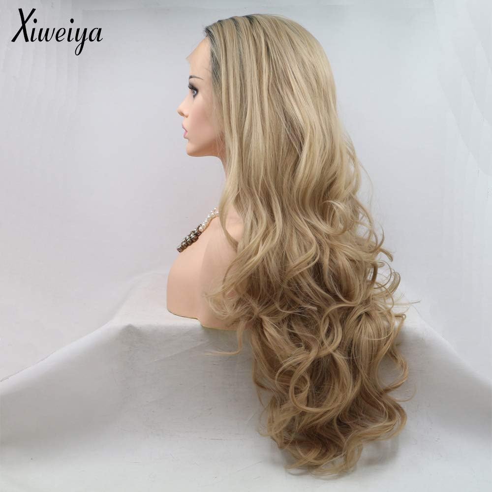 Xiweiya 13x3 Lace Blonde Wigs Long Natural Wavy Ombre Blonde Synthetic Lace Front Wigs with Dark Roots Side Part Hair Replacement Wig for Women Drag Queen Makeup 24inch - Image 3