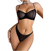 SOLY HUX Women's 2 Piece Mesh Lingerie Sheer Wireless Bra and Mid Rise Thong Set