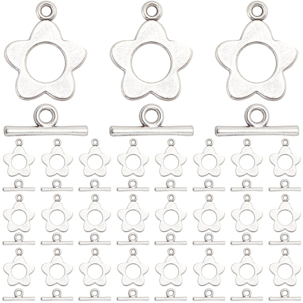 SOFPLATE 1 Box 120 Sets T-bar Closure Clasps Silver Toggle Bracelet Clasp Bulk Tibetan Antique Alloy Flower Shape OT Toggle jewellery Clasp Buckle Connector Findings for jewellery Making Pendants