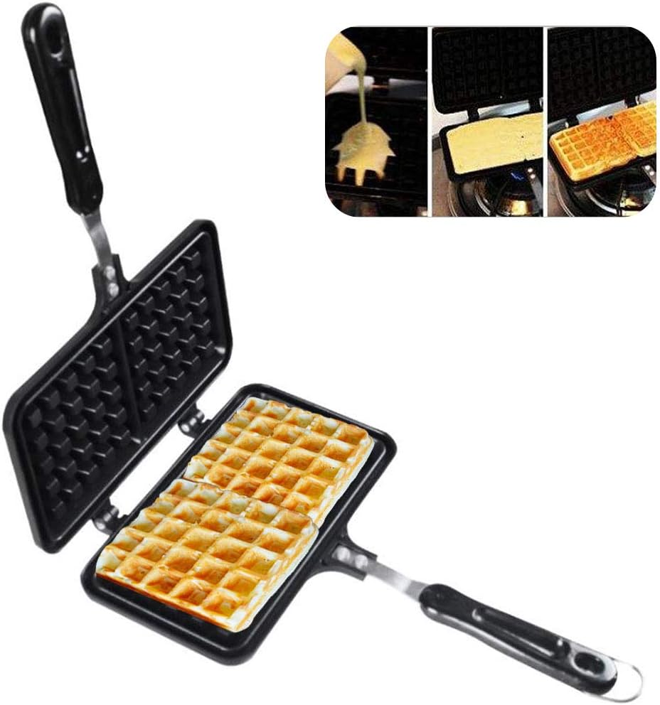 Waffle Maker, Mini Waffle Iron Machine,Aluminum Stove Top Waffle Iron Non-Stick Coated Waffle Baking Pan for Kitchen Stovetop Gas Long Handle and Closing Latch