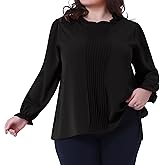 Agnes Orinda Women's Plus Size Long Sleeve Blouse Ruffle Crew Neck Front Pleated Top Elastic Cuff Casual Shirt