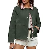WOWULOVELY Women Cropped Bomber Jacket Zip up Plaid Barn Coat Lightweight Casual Gingham Spring Cargo Outwear with Pockets