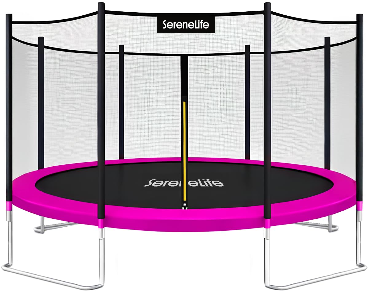 SereneLife 10 ft Outdoor Trampoline with Safety Net Enclosure for Backyard Fun, Weather-Resistant Jumping Mat and Stable Frame Design - Trampoline for Kids with Net, Pink Color Image