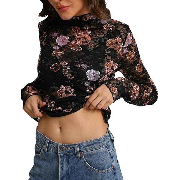 【Ameri】SMOKE FLOWER SHEER TOP SweatyRocks Women's Long Sleeve Floral Print See Through