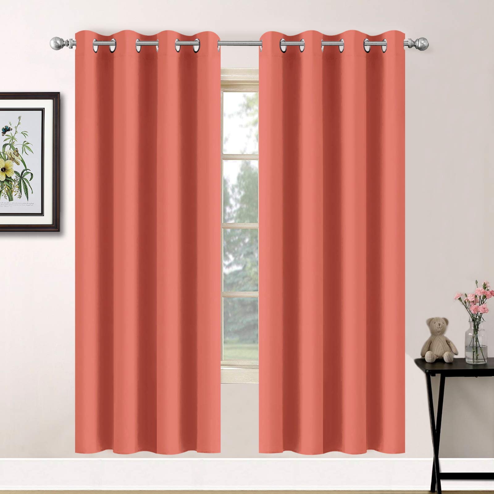 Yakamok Room Darkening Thermal Insulated with Grommet Blackout Curtains for Bedroom, 52Wx72L inch, Coral Orange, 2 Panels