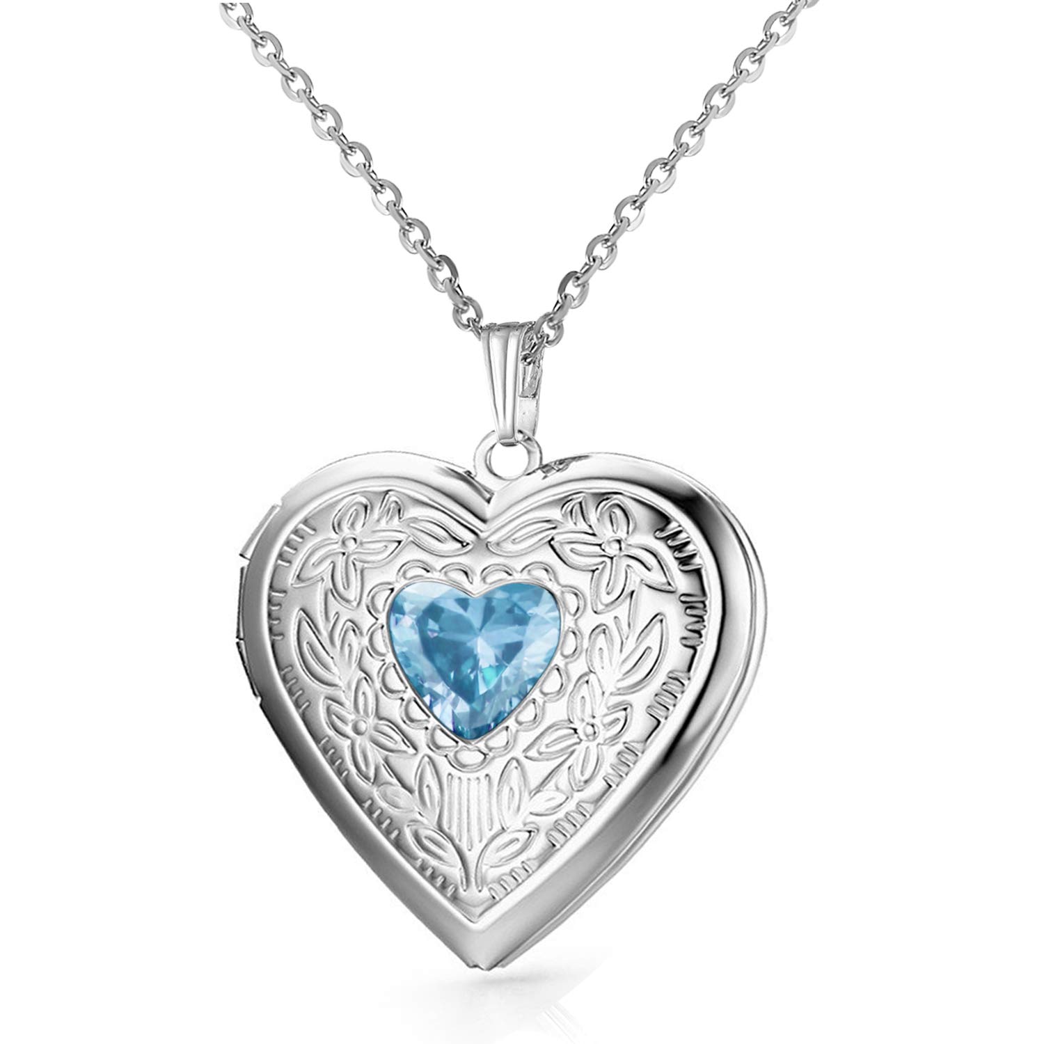 Birthstones Locket Necklace that Holds Pictures Love Heart Photo Locket Crystals Necklace Pendant Birthday Gifts (March)